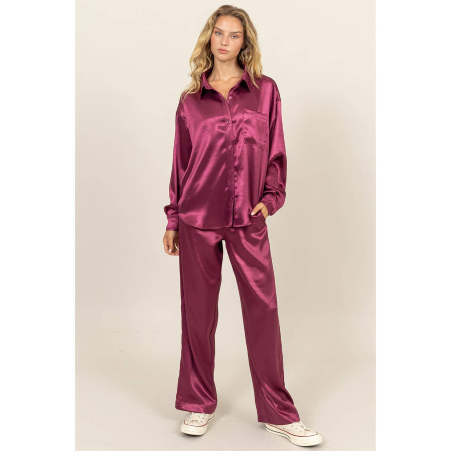 “Jessie” Sangria Lounge Button Up Satin Set