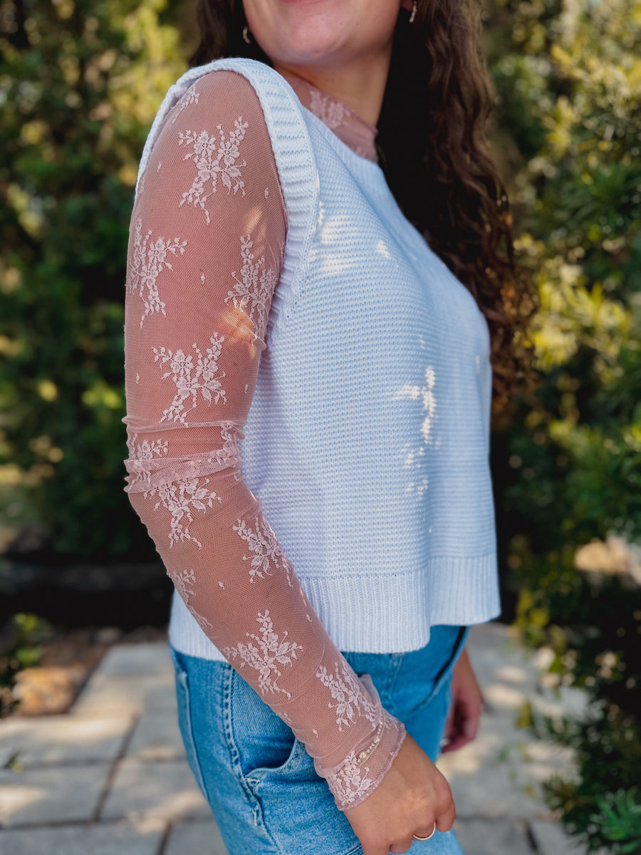 “Fawn” Floral Lace Sheer Mesh Layering Top In Pink