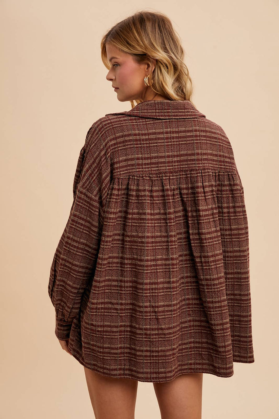 “Jessi” Tweed Plaid Oversized Collard Top