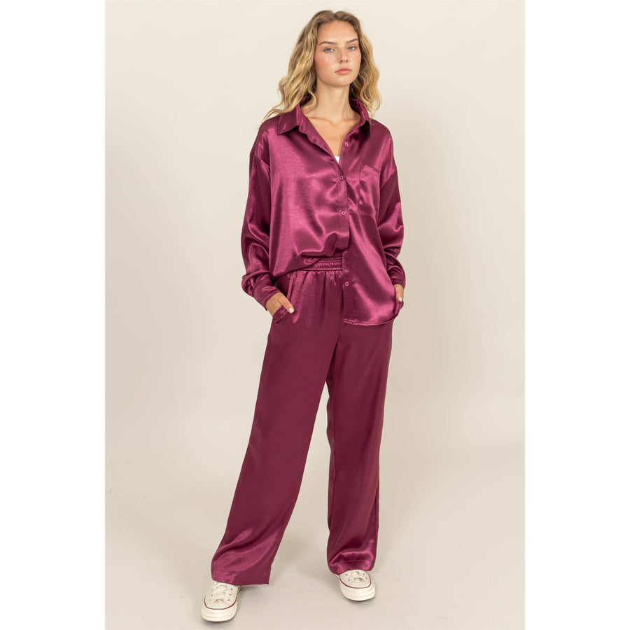 “Jessie” Sangria Lounge Button Up Satin Set