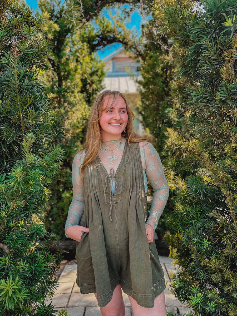 “Fawn” Floral Lace Sheer Mesh Layering Top In Sage