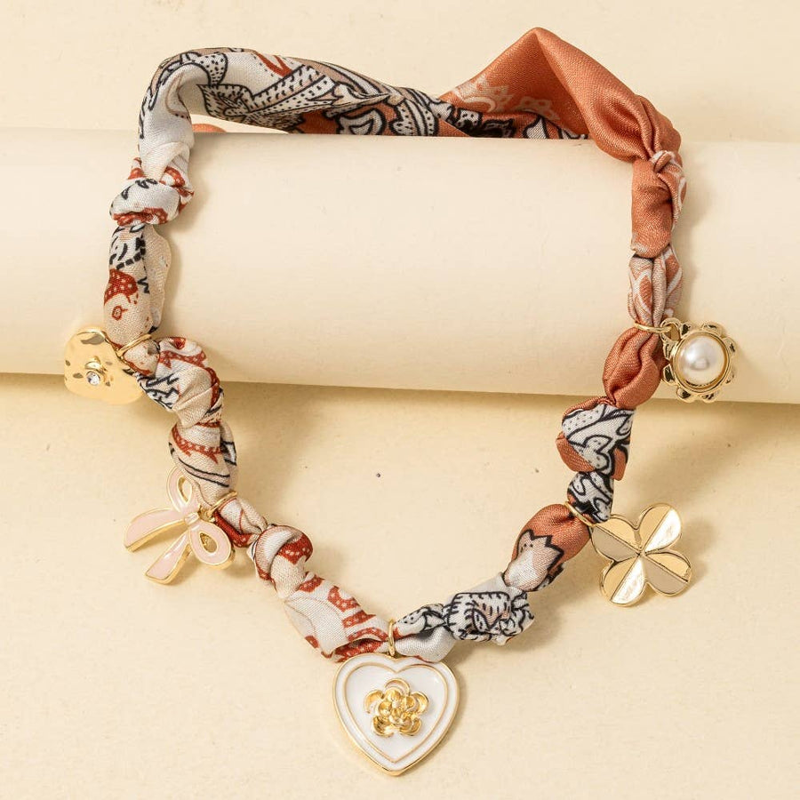 Enamel Heart Bow Charms Bandana Necklace