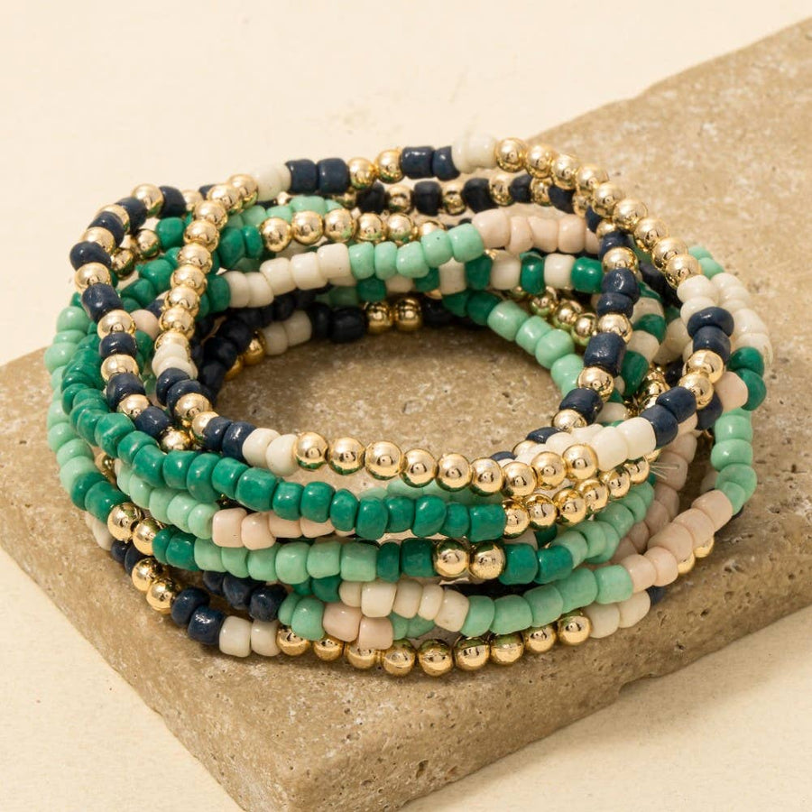 Mixed Mint And Blue Tones Seed Beaded Bracelet Set