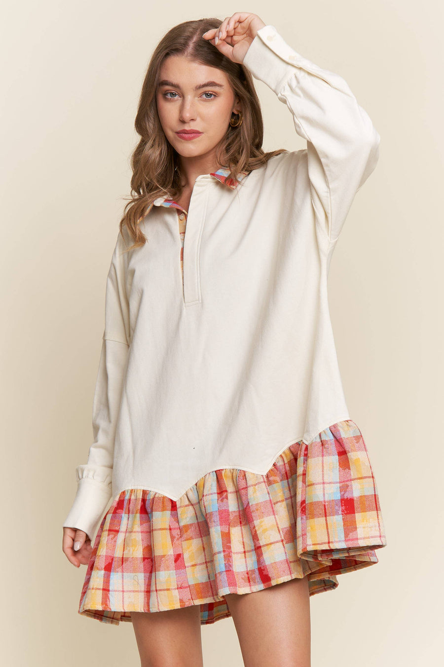 “Henely” French Terry Plaid Contrast Dress