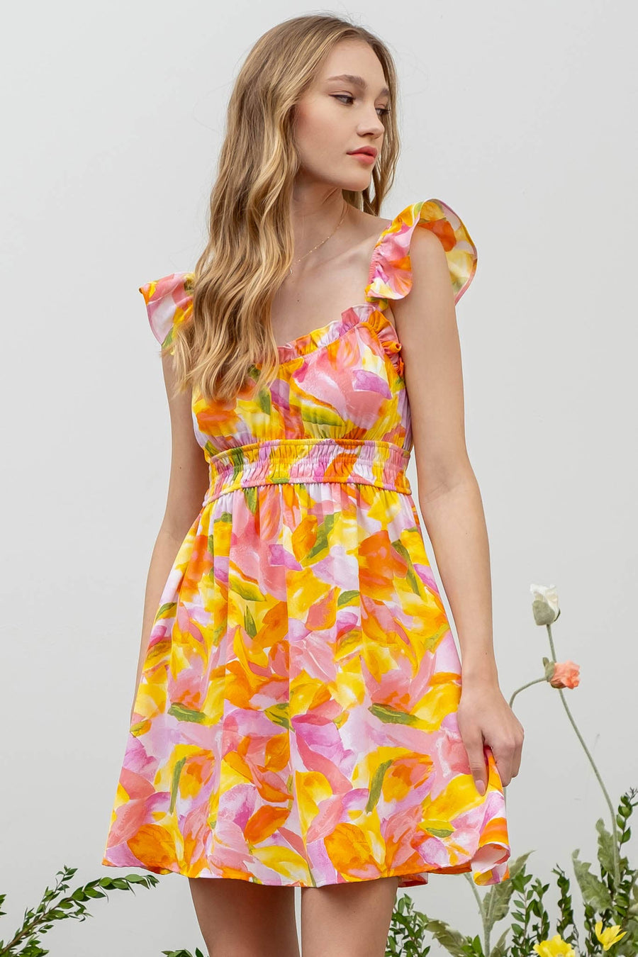 “Wendy” Watercolor Floral Print Ruffle Mini Dress