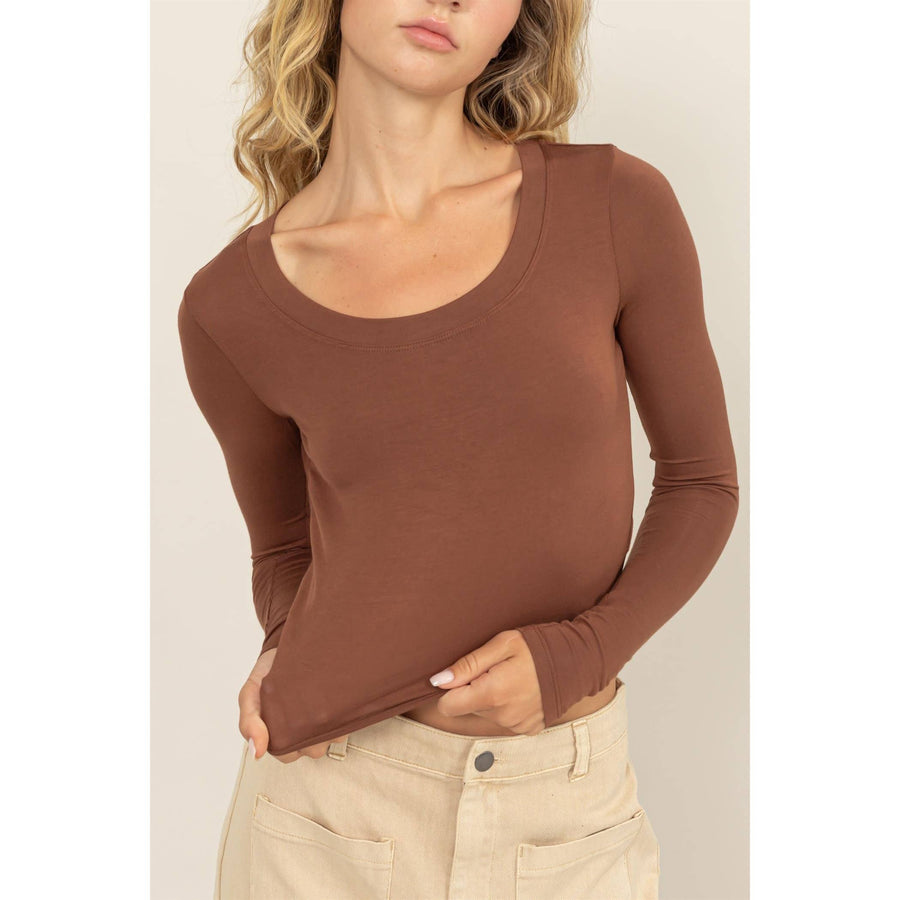 “Diana” Cropped Scoop Neck Long Sleeve Top In Brown