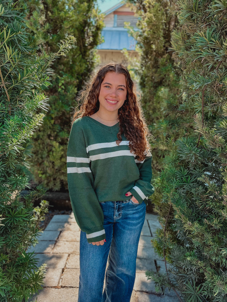 “Kelly” Green Varsity Inspired V-Neck Sweater