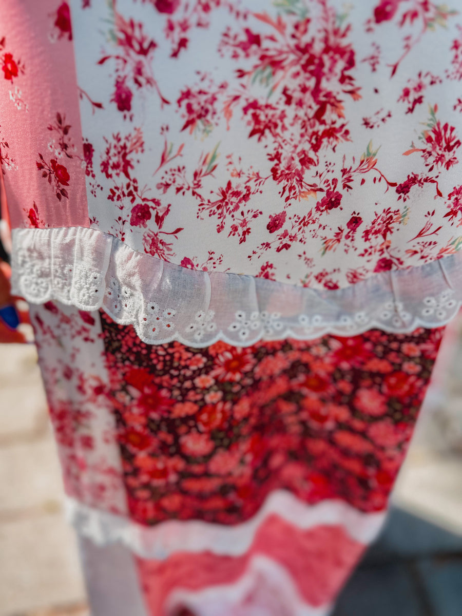 “Lacie” Cottagecore Patchwork Tiered Floral Maxi Dress in pink