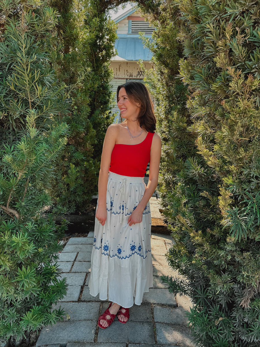 “Emilie” Embroidered Flowers Flowy Maxi Skirt Blue Willow Collection