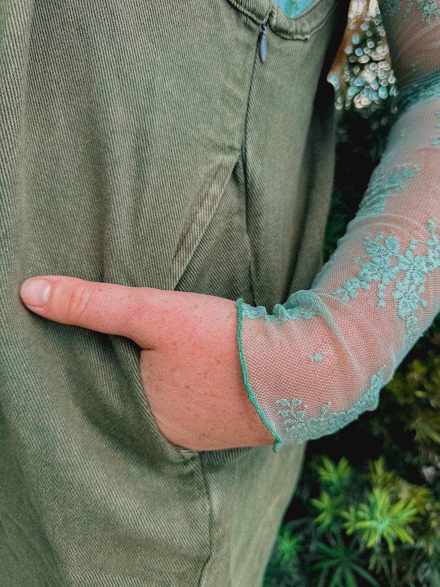“Fawn” Floral Lace Sheer Mesh Layering Top In Sage