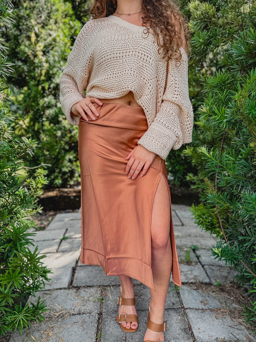 “Sandy” Copper Satin Midi Skirt With Side Slit And High Waist