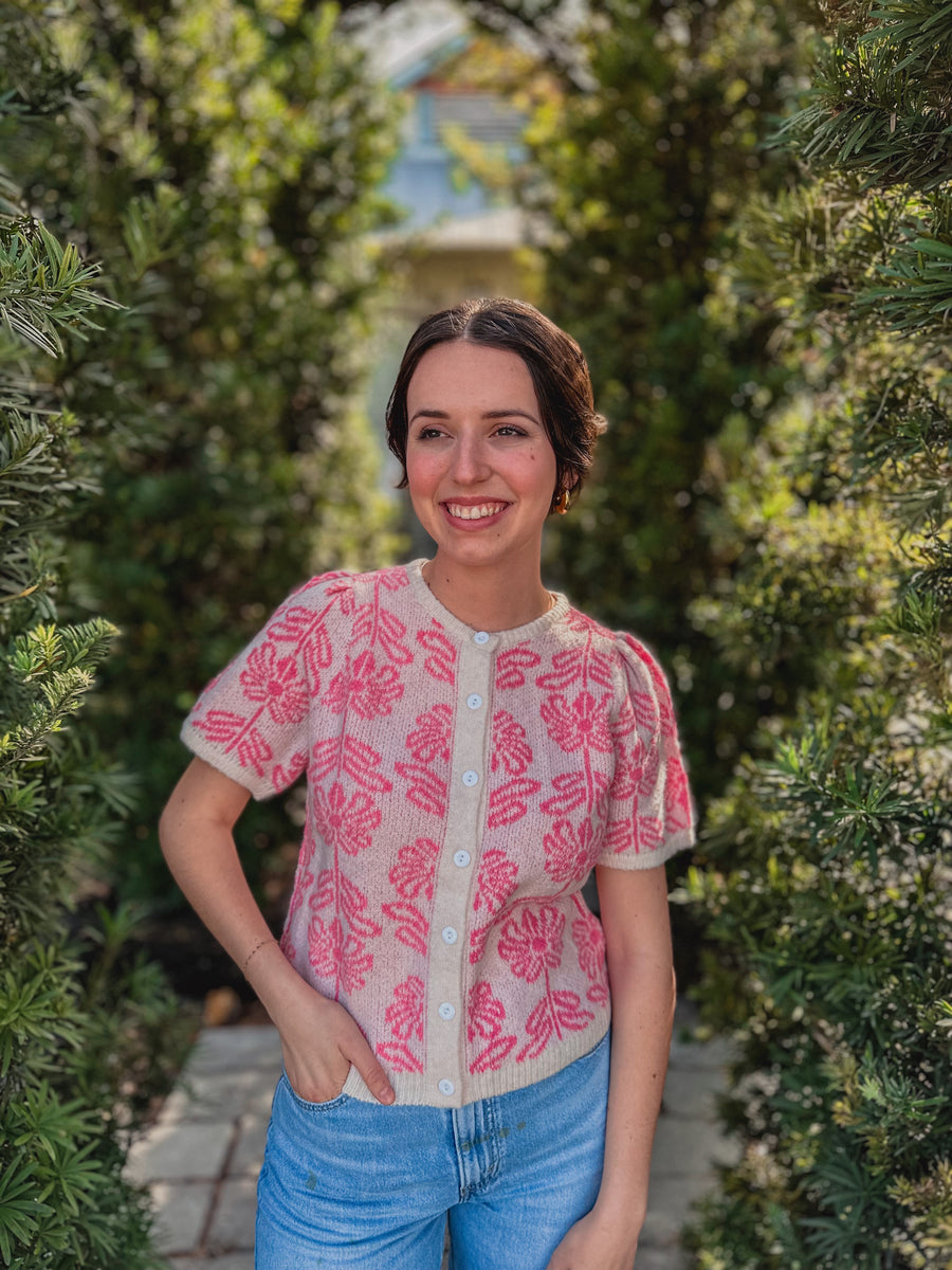 “Casey” Floral Knit Short Sleeve Sweater Cardigan