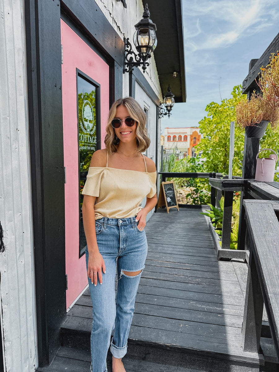 “Regan” Off The Shoulder Ribbed Top With Tie