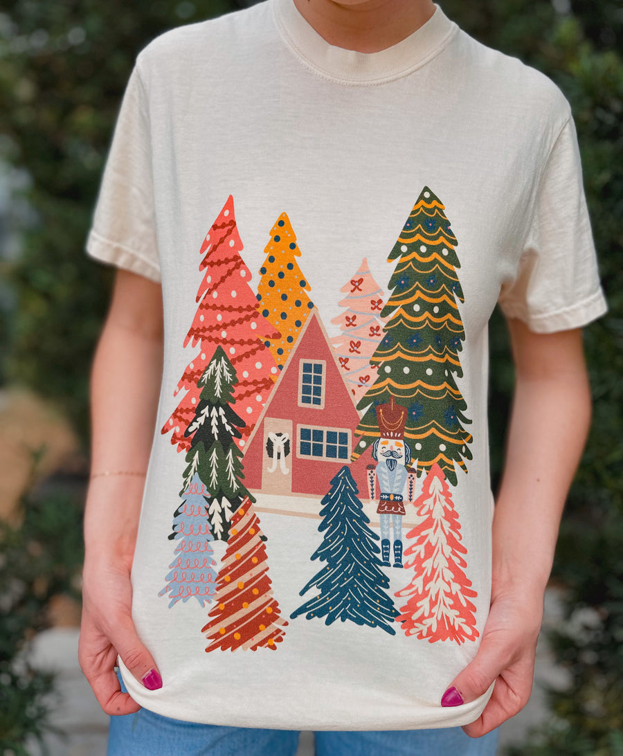 Christmas Nutcracker Cabin In Trees Graphic Tee