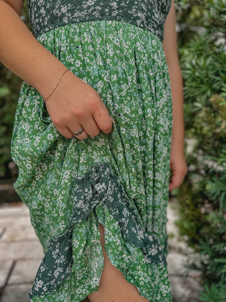 “Deeane” Green Floral Ruffle Dress