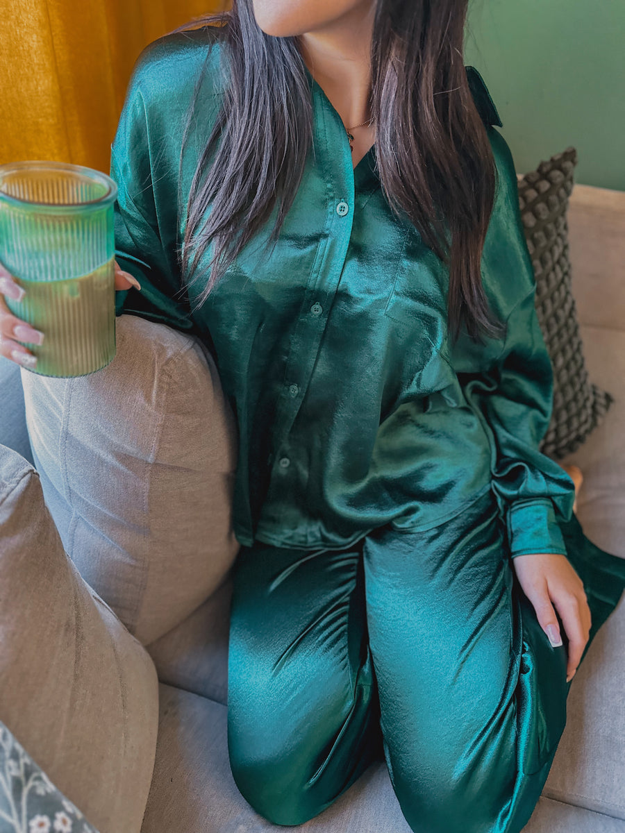 “Jessie” Emerald Lounge Button Up Satin Set