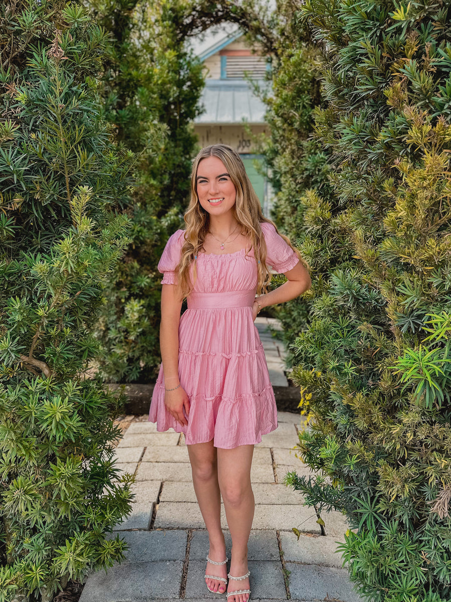 “Claire” Pink Square Neck Smocked Tiered Mini Dress