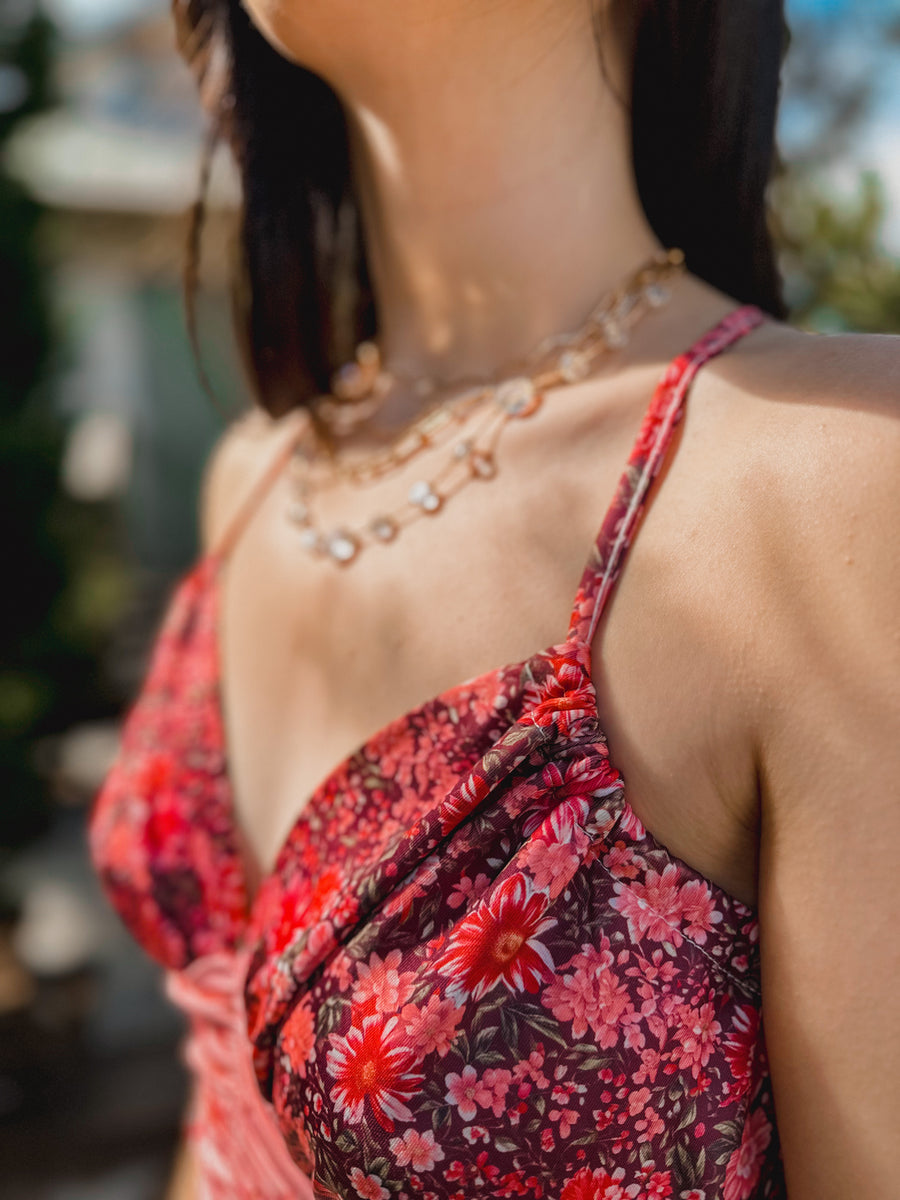 “Lacie” Cottagecore Patchwork Tiered Floral Maxi Dress in pink