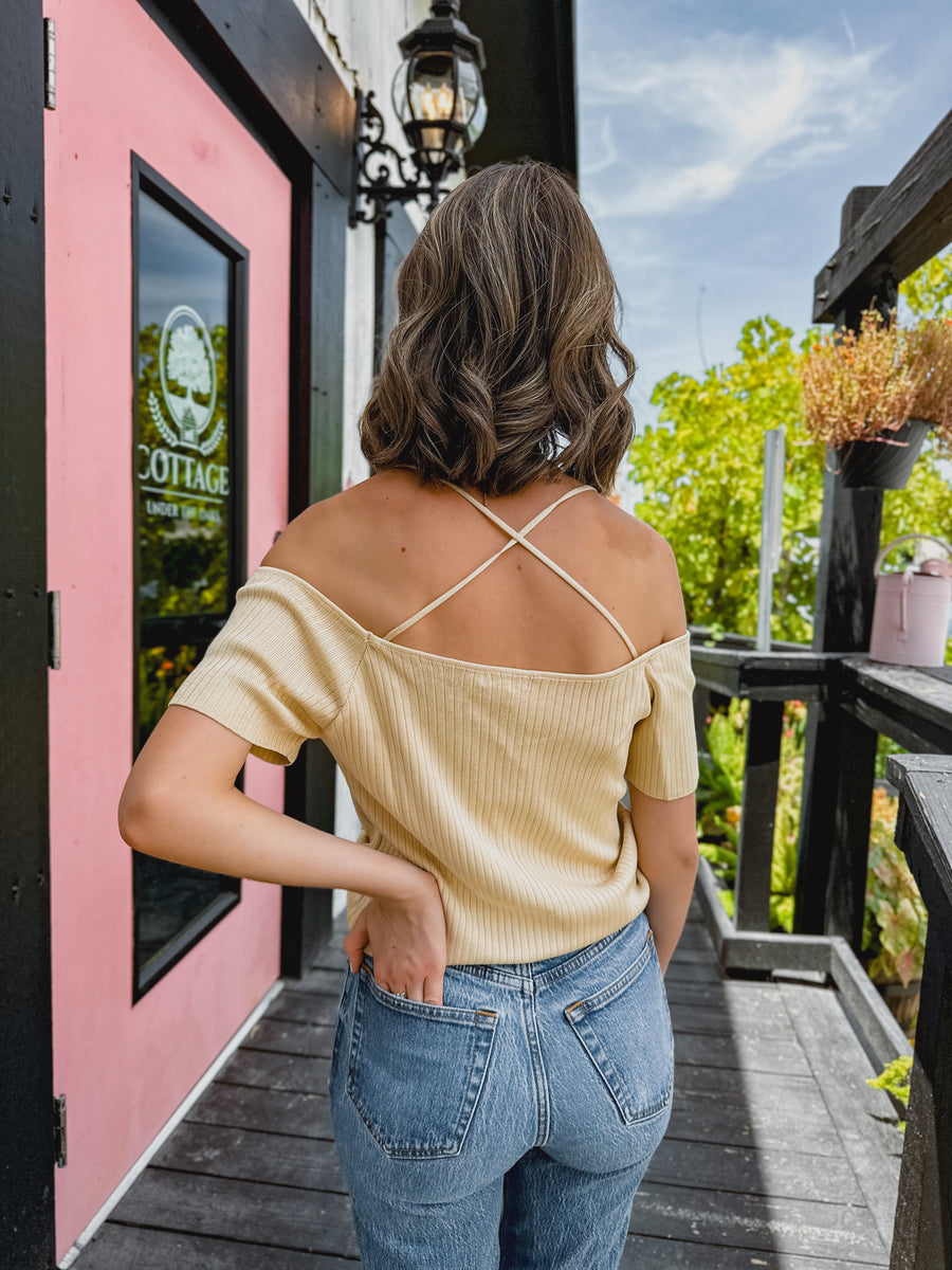 “Regan” Off The Shoulder Ribbed Top With Tie