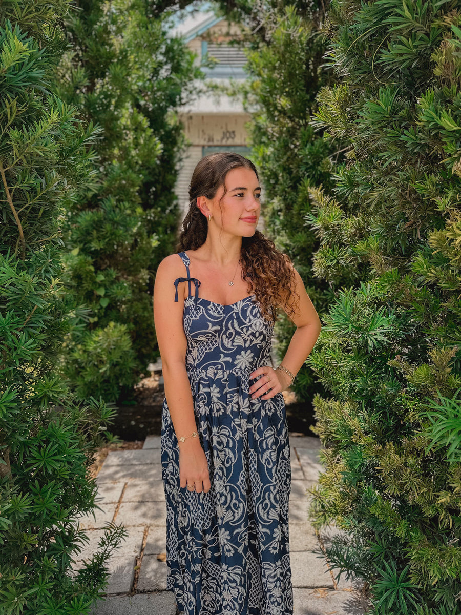“Amy” Navy Floral Damask Bow Detail Tank Dress