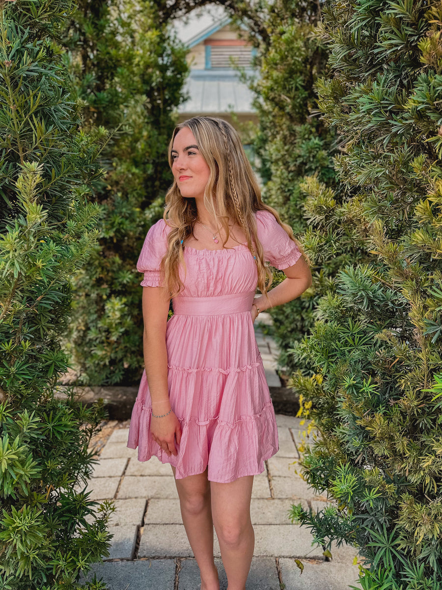 “Claire” Pink Square Neck Smocked Tiered Mini Dress