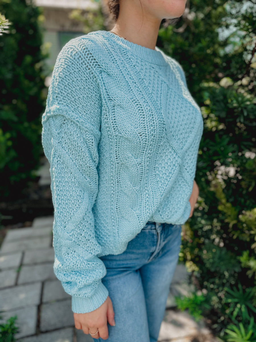 “Adela” Ice Blue Cable Knit Sweater