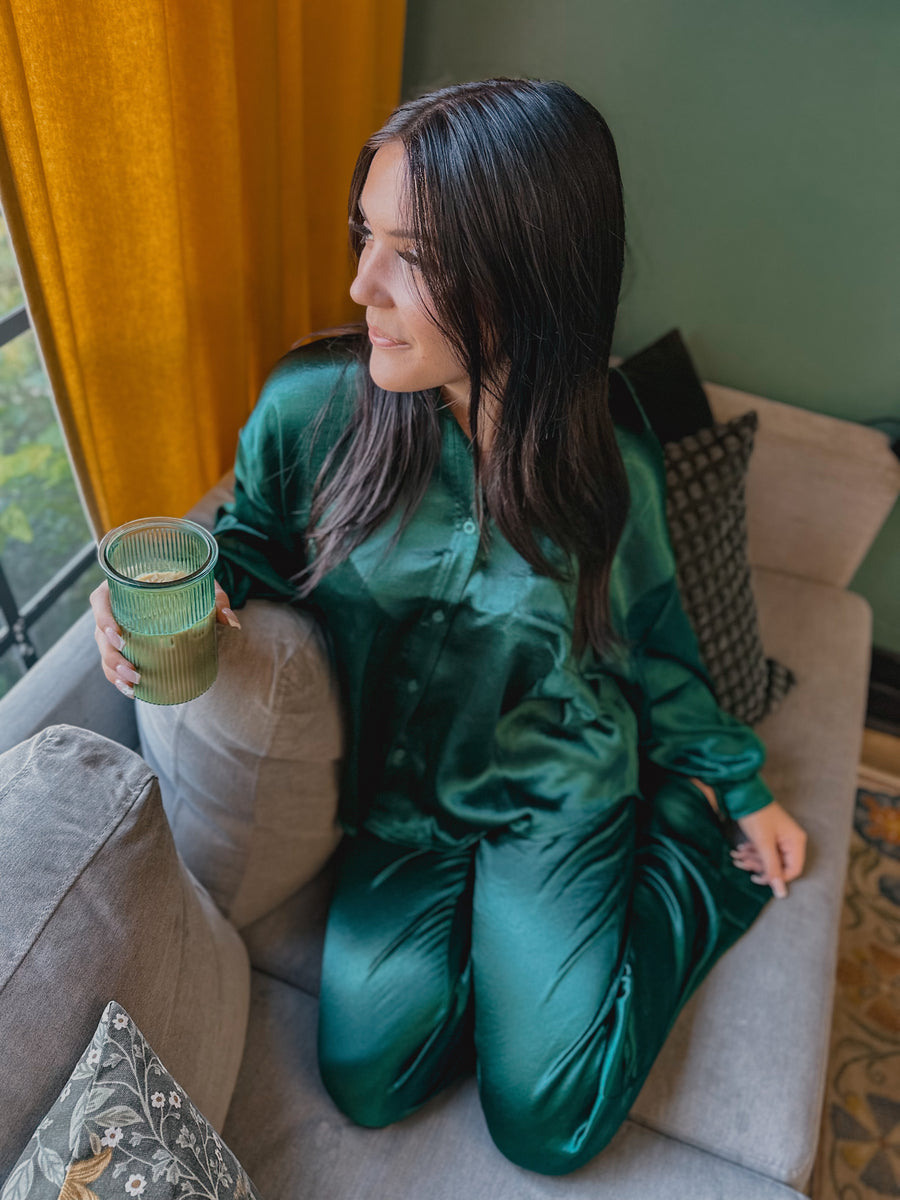 “Jessie” Emerald Lounge Button Up Satin Set