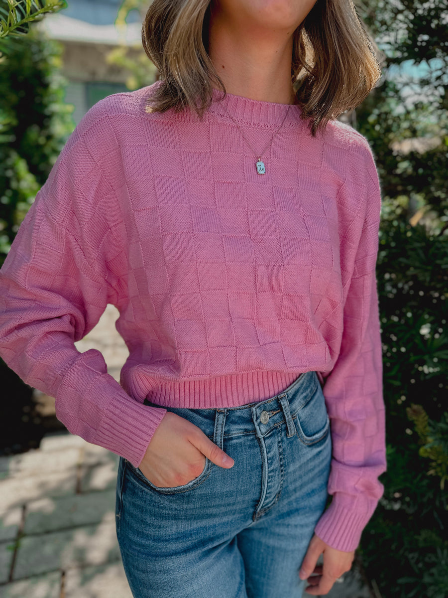 “Delaney” Pink Long Sleeve Square Texture Sweater