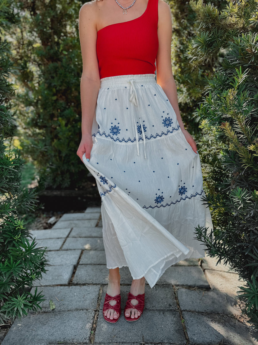 “Emilie” Embroidered Flowers Flowy Maxi Skirt Blue Willow Collection