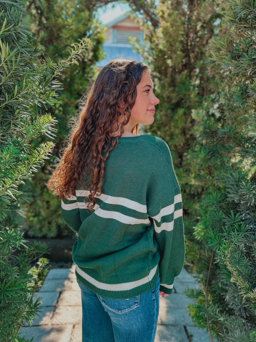 “Kelly” Green Varsity Inspired V-Neck Sweater