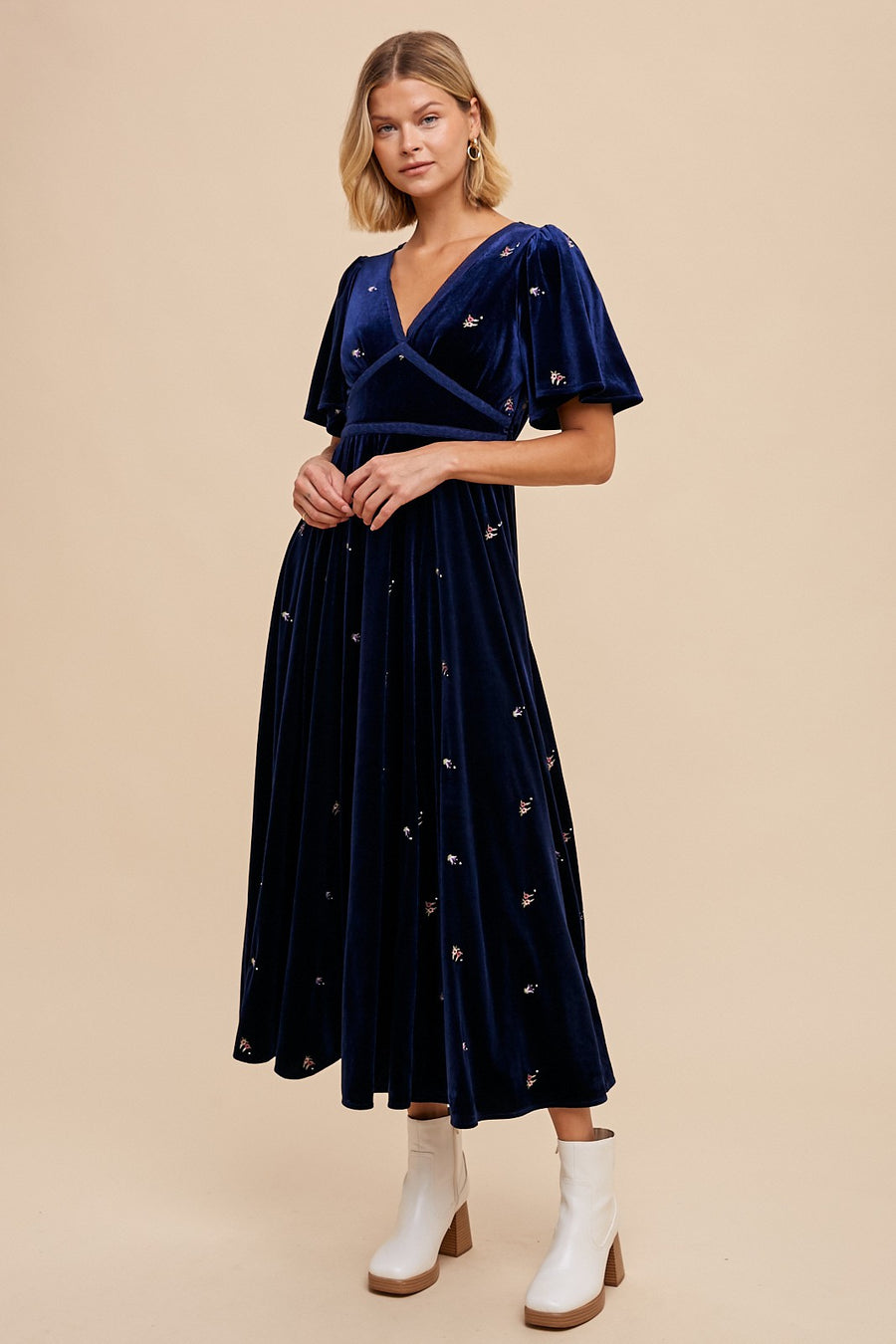 “Valerie” Midnight Blue Velvet Midi Dress