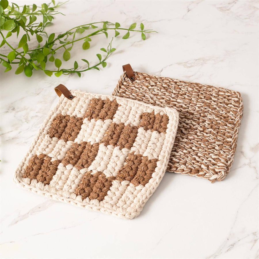 Knitted Pot Holder -Brown and Cream