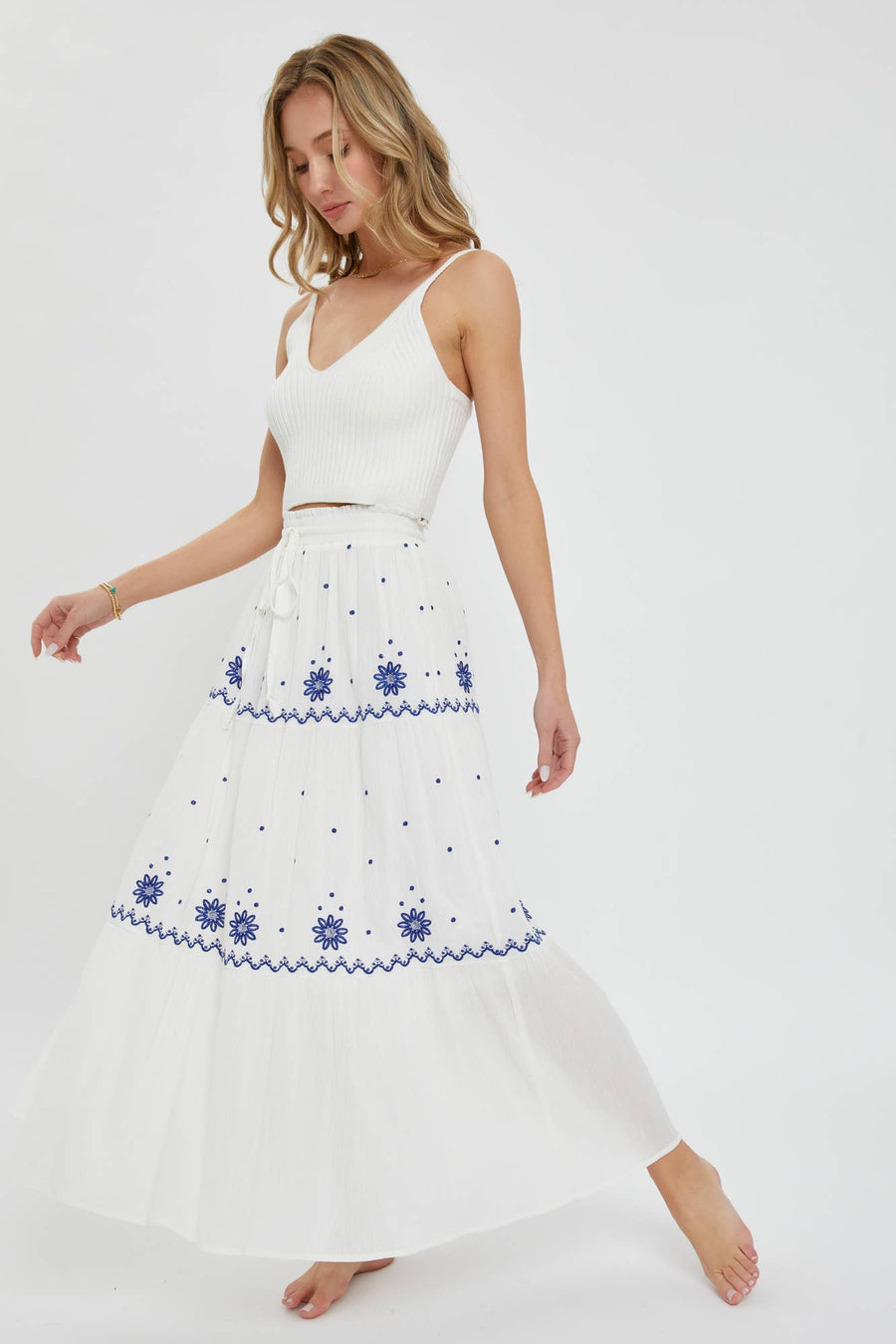 “Emilie” Embroidered Flowers Flowy Maxi Skirt Blue Willow Collection