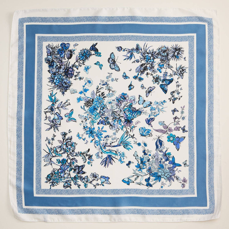 Blue Floral Butterfly Silk Square Scarf