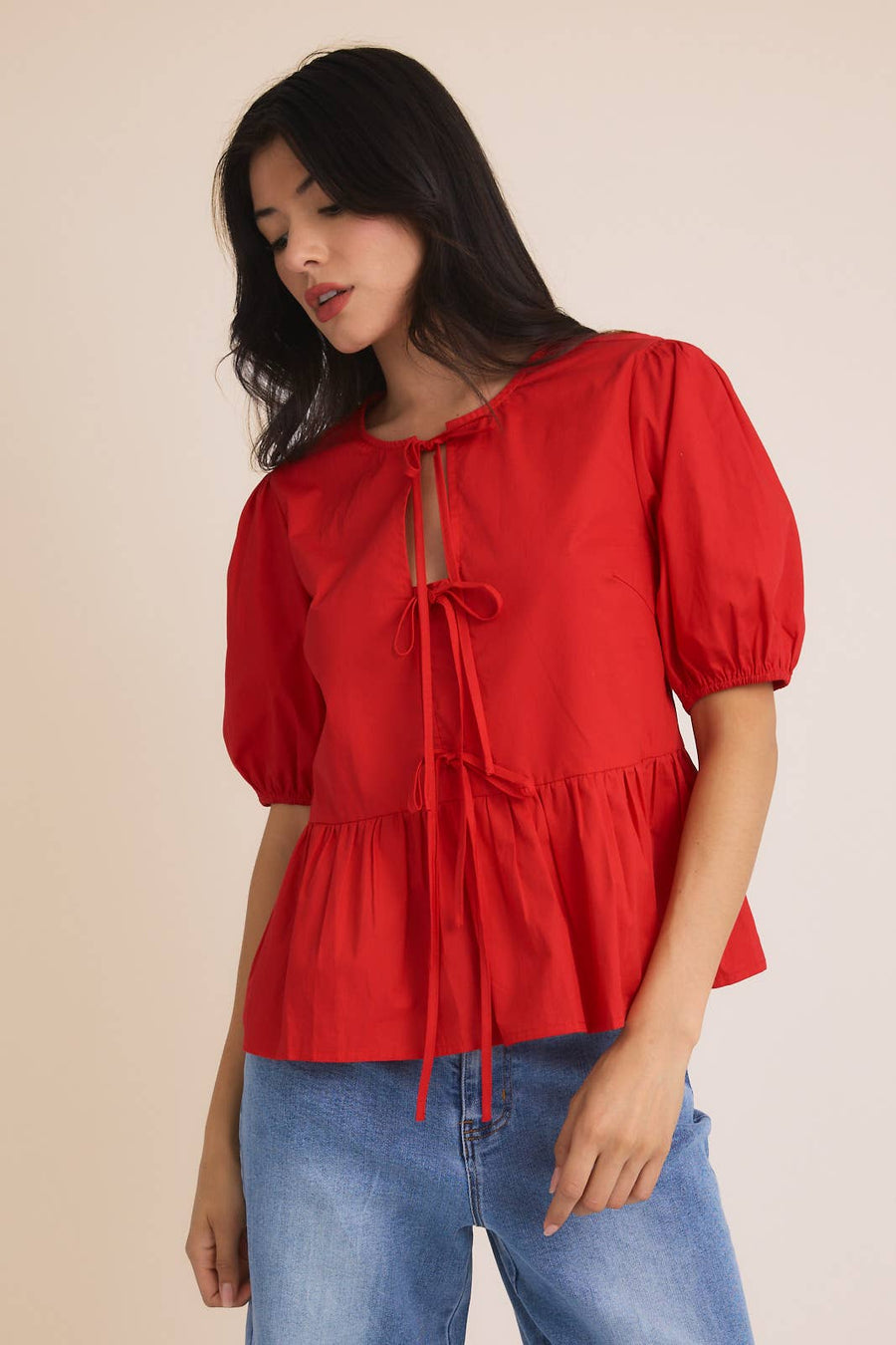 “Darla” Front Ties Puff Half Sleeve Blouse