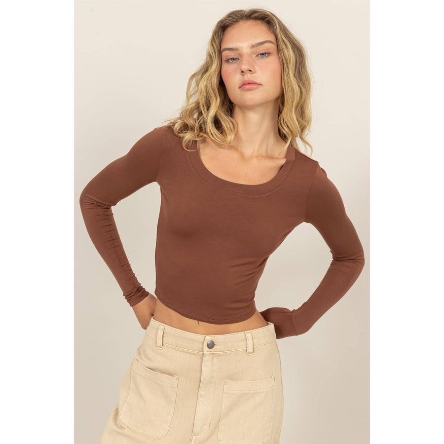 “Diana” Cropped Scoop Neck Long Sleeve Top In Brown