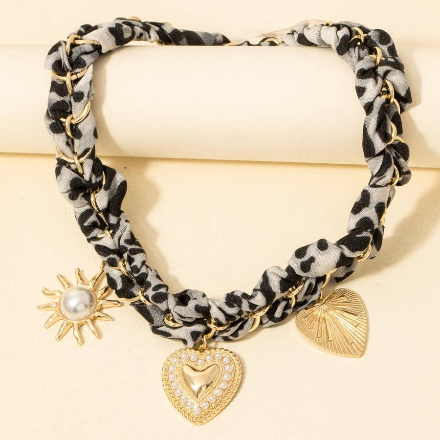 Pearl Heart + Sun Charms Leopard Bandana Necklace