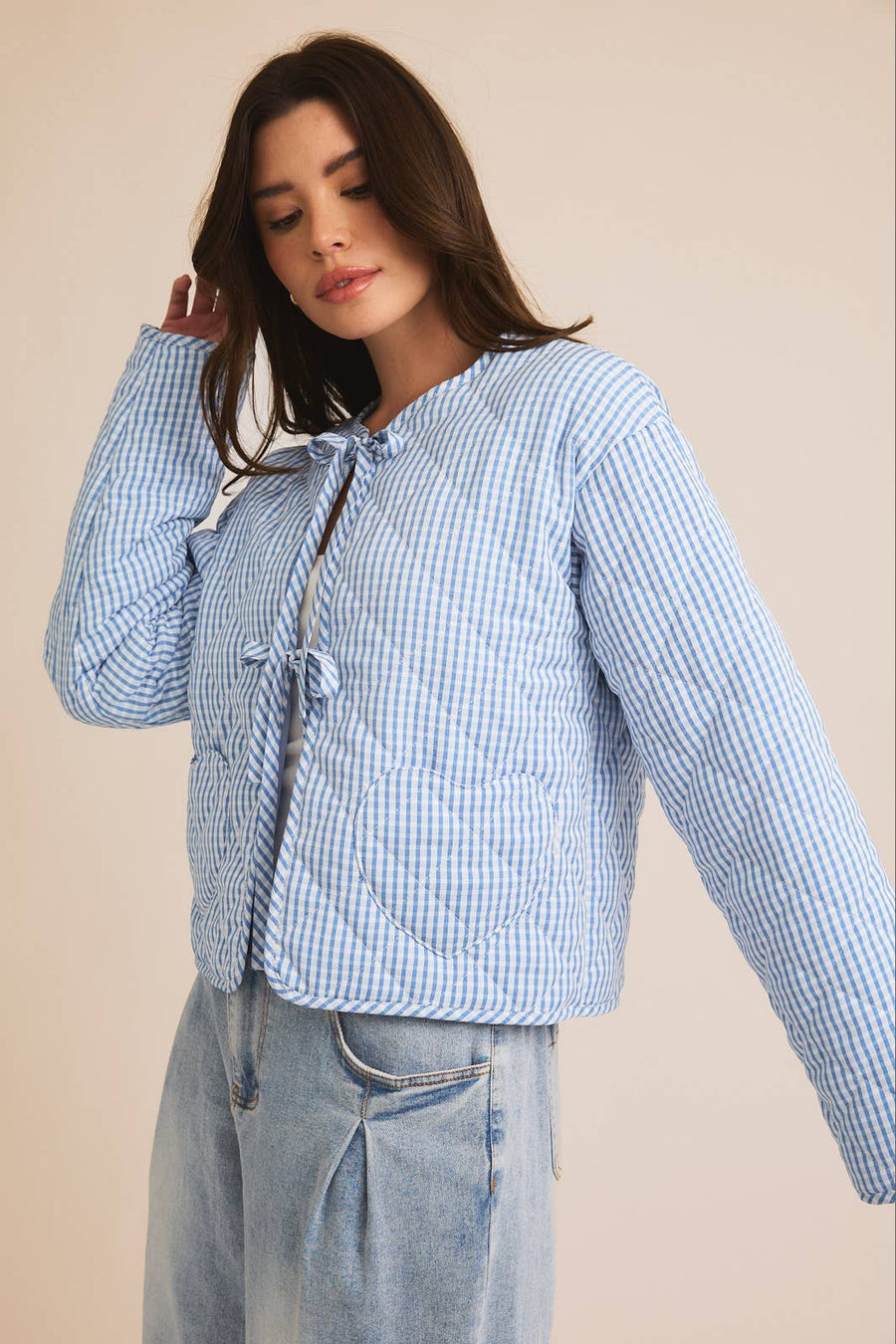 “Quinn” Tie Gingham Quilt Jacket Blue Willow Collection