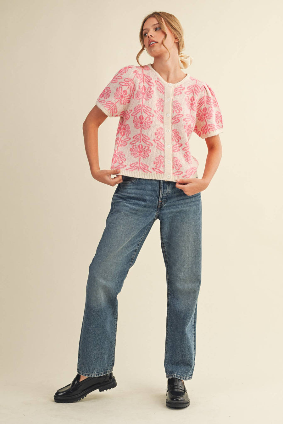 “Casey” Floral Knit Short Sleeve Sweater Cardigan