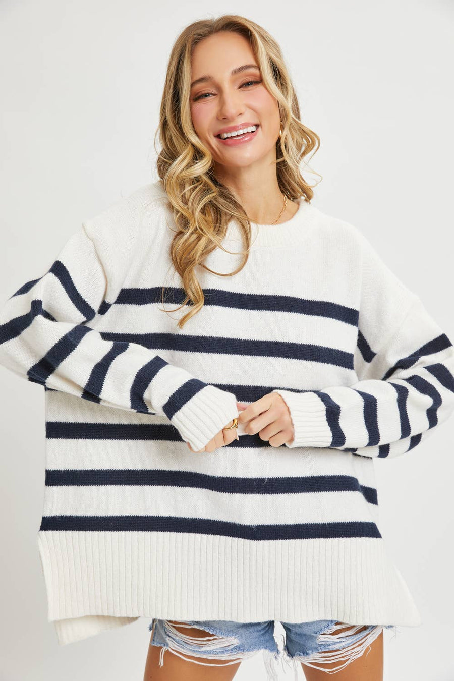 “Sigrid” Striped Pullover Oversize Sweater Blue Willow Collection