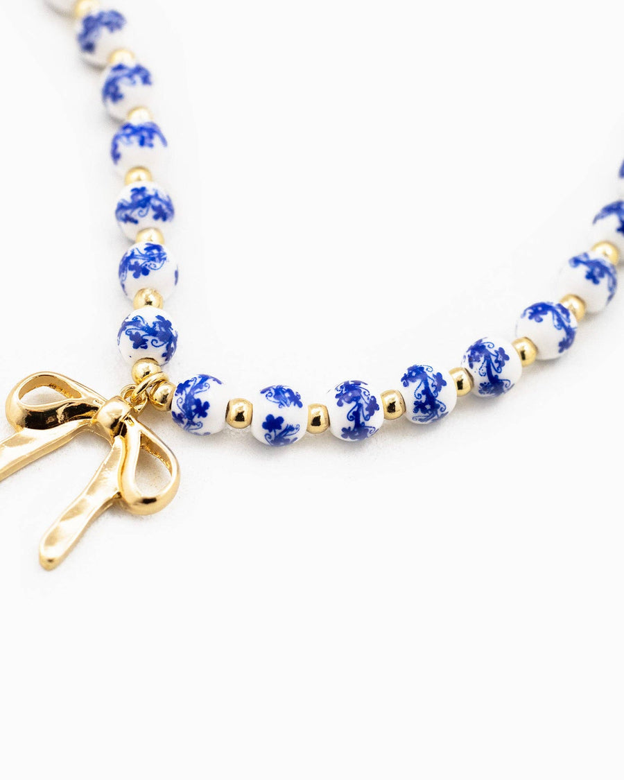 Ceramic Bead Bow Pendant Necklace Blue Willow Collection