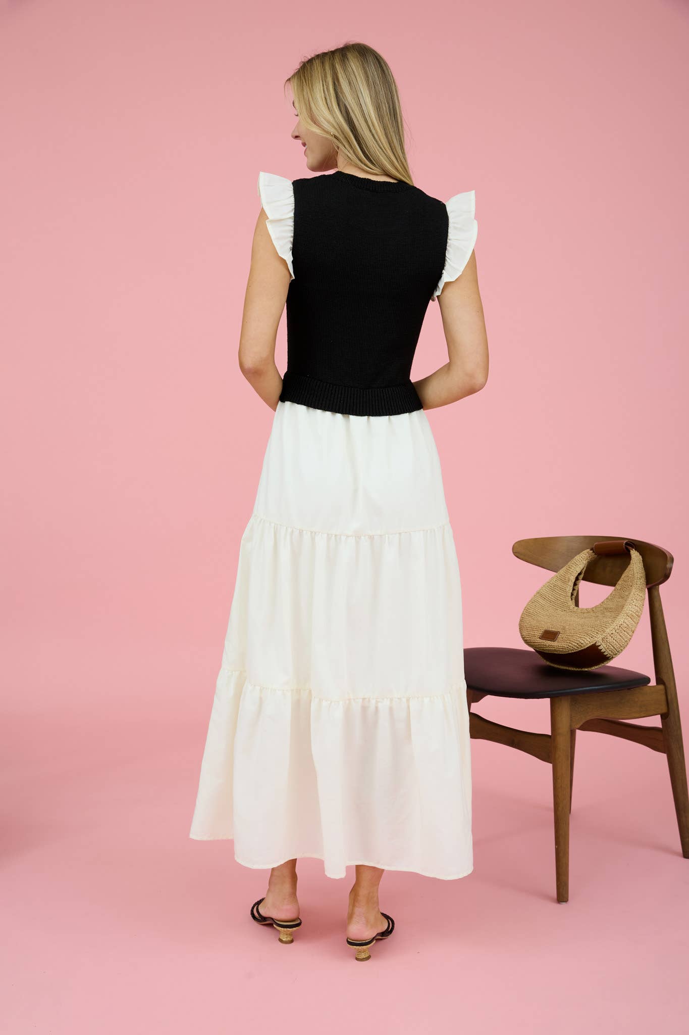 knee length dresses for ladies Yellow and Ivory Square Neck Vest Midi Dress main image 0