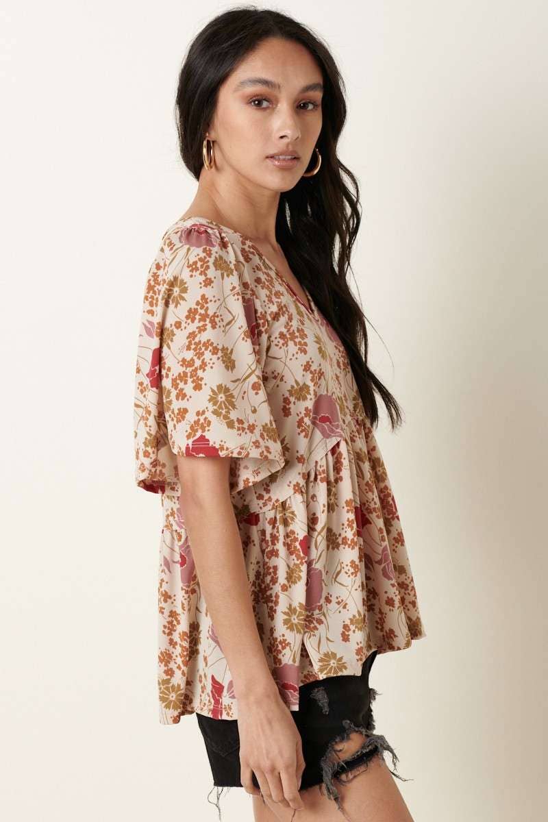 “Delilah” Flower Print V-Neck Baby Doll Top