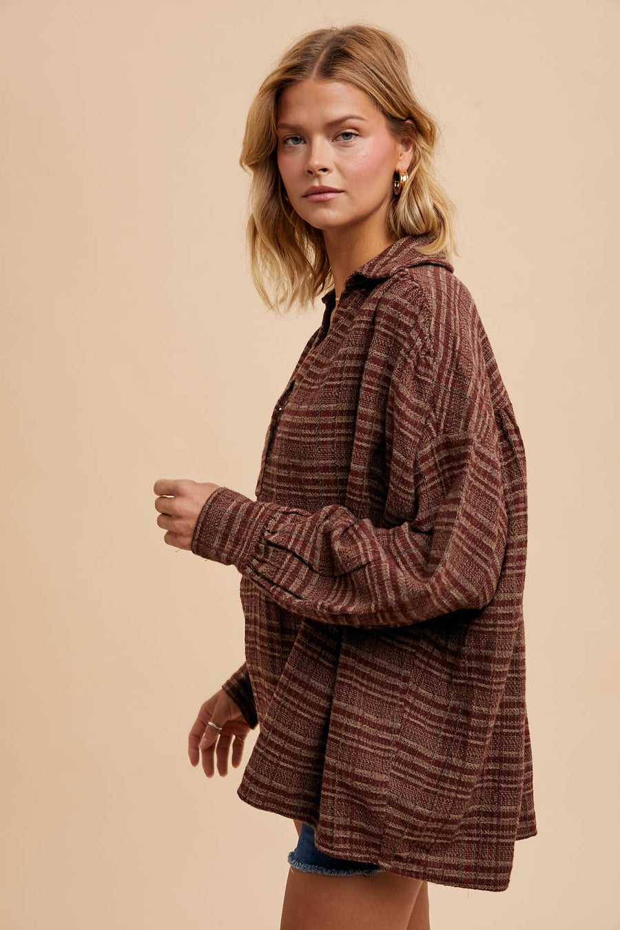 “Jessi” Tweed Plaid Oversized Collard Top