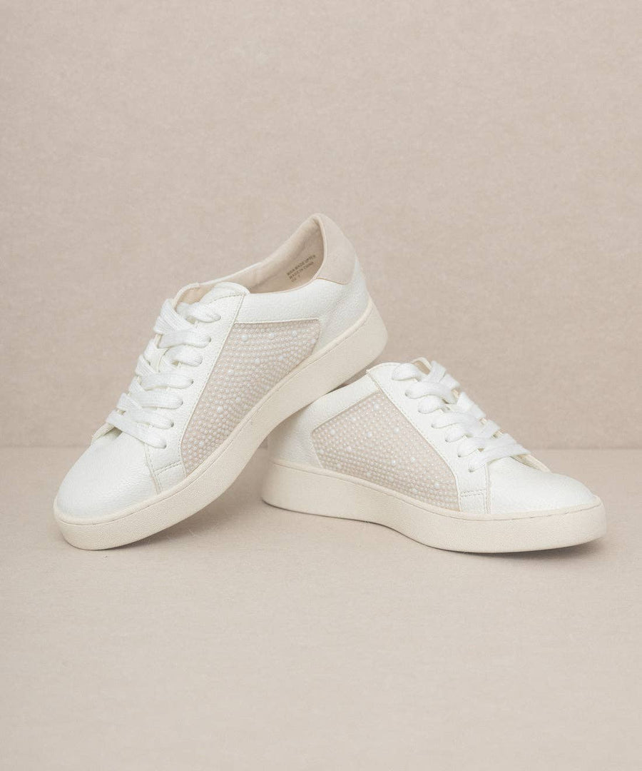 The Berne White | Pearl Studded Paneled Sneaker