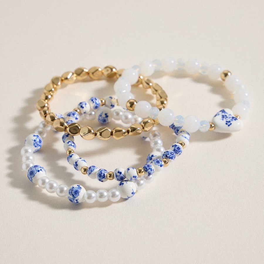 Blue Floral Beaded Bracelet Set