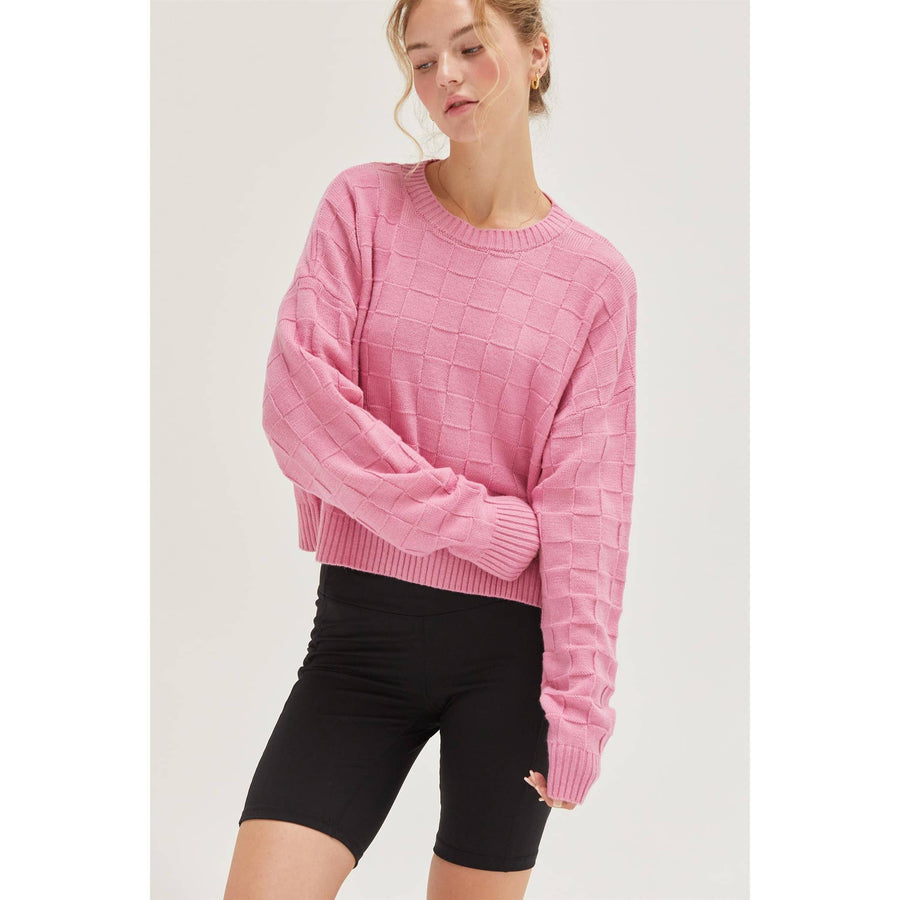 “Delaney” Pink Long Sleeve Square Texture Sweater