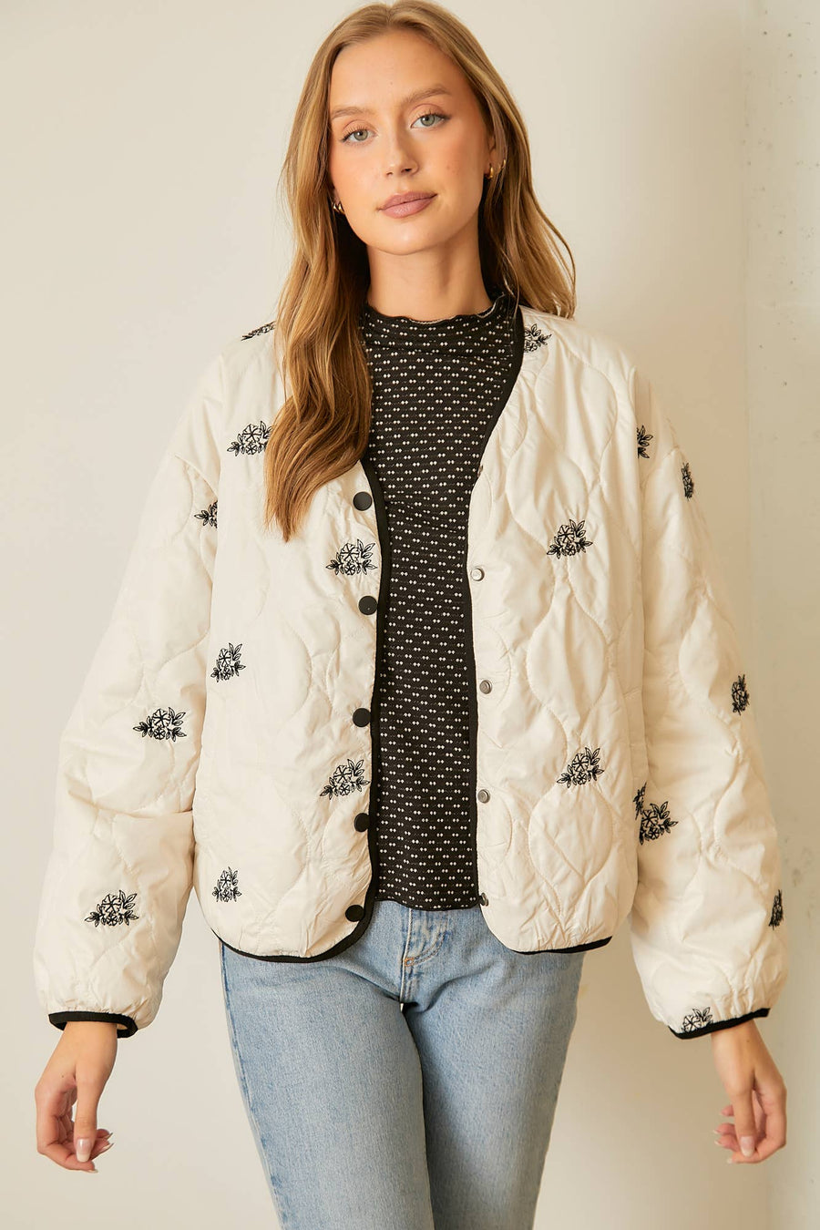 “Jacklyn” Floral Embroidered Quilted Puffer Jacket