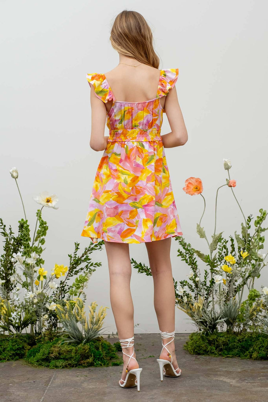 “Wendy” Watercolor Floral Print Ruffle Mini Dress