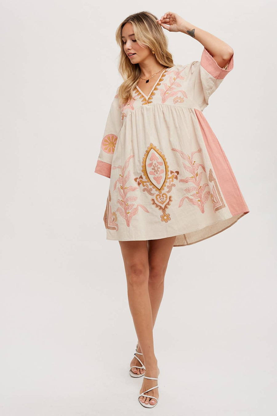 “Ivy” Pink Boho Embroidered Baby Doll Dress